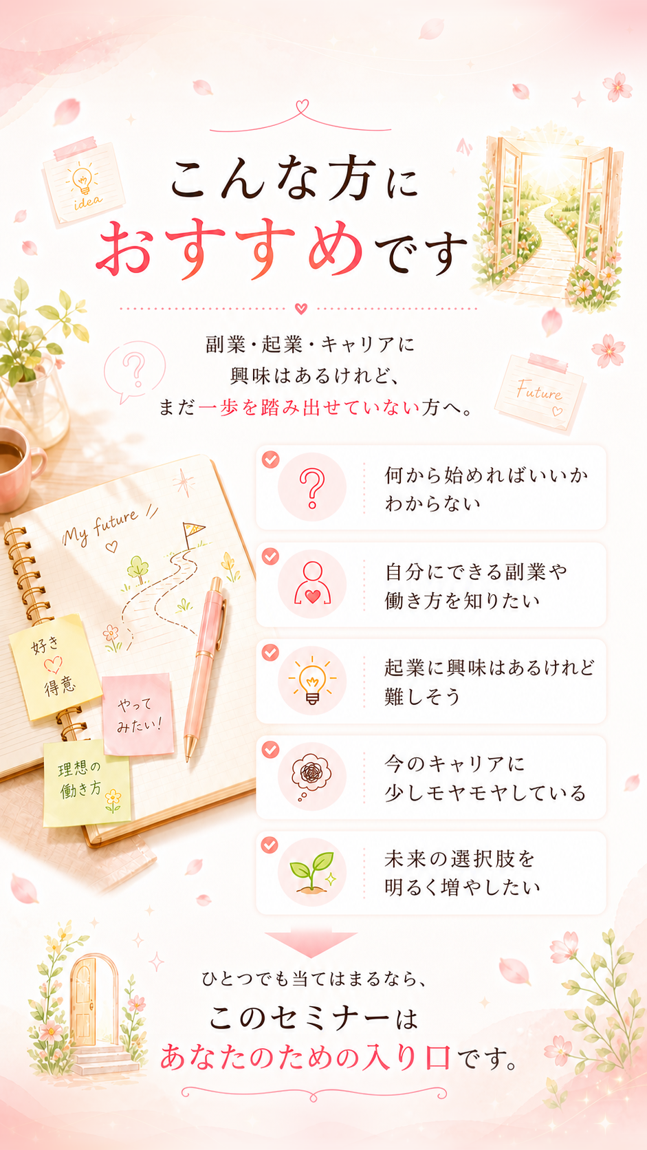 こんな方におすすめです。副業、起業、キャリアに興味はあるけれど、まだ一歩を踏み出せていない方へ。