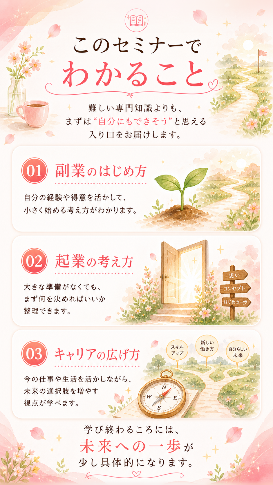 このセミナーでわかること。副業のはじめ方、起業の考え方、キャリアの広げ方。